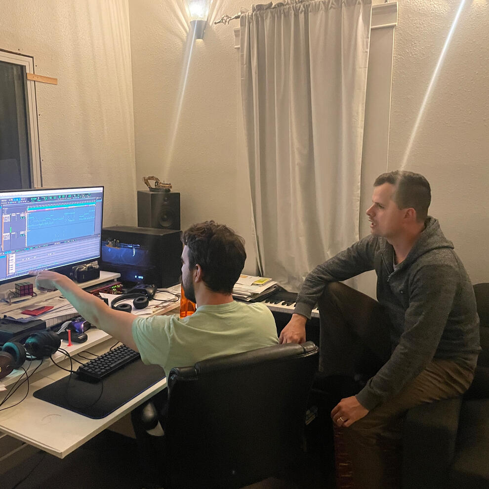 My brother Andrew and I going over some music recording ideas